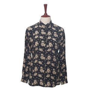 Womens Faux Suede Shirt Black Beige Floral Blouse Button Up Dressy Top Medium